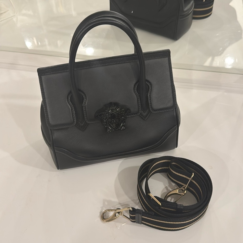 Black Saffiano Leather Palazzo Empire Handle Bag w/ Strap